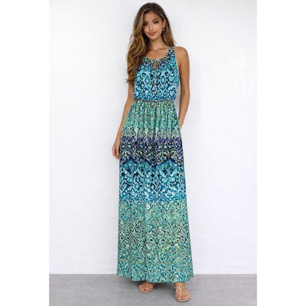 London Times Women Blue Green Ikat Print Sleeveless Maxi Dress Size 10